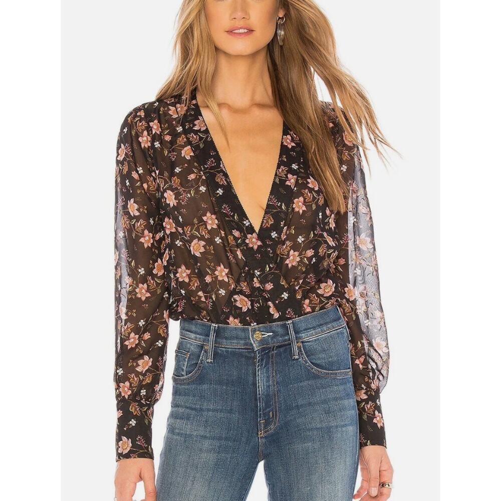 JOA Black Floral Sheer Open Back Bodysuit Whimsigoth Romantic Sexy (size S)